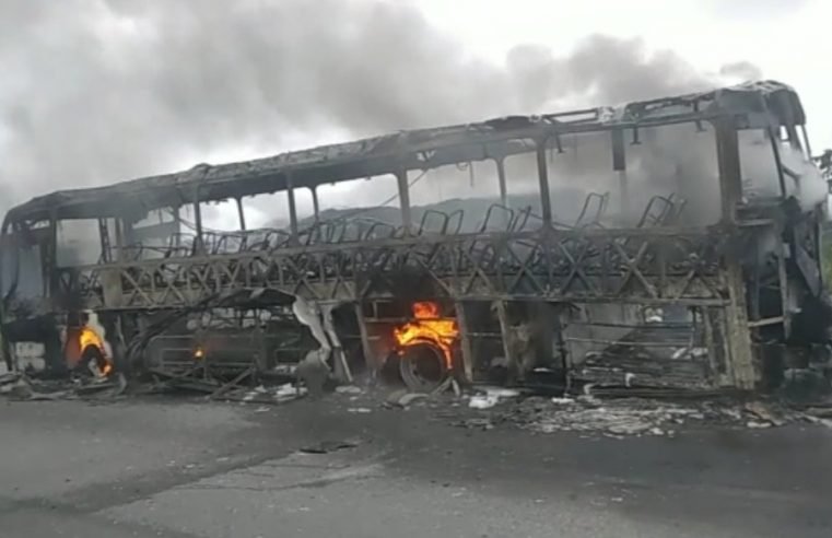 Ônibus apresenta falha mecânica e pega fogo na subida da Serra do Mar