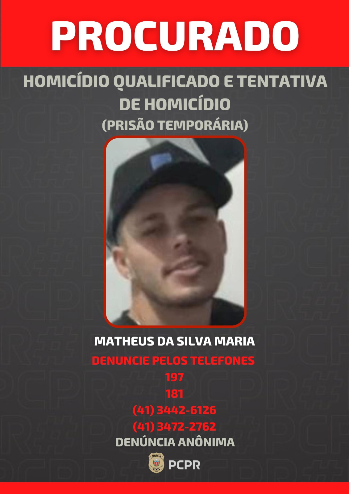 PCPR procura homem de 27 anos investigado por homicídio e três tentativas em Guaratuba